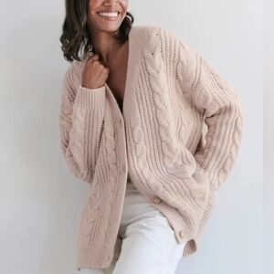 Jenni Kayne Cable Cardigan Womens XS Oatmeal Excellent Alpaca Merino Wool Knit
